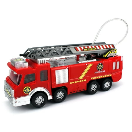 Fire Squad Water Squirting Battery Operated Children Kid's Bump and Go Toy Fire Truck w/ Water Squirting Action, Flashing Lights,
