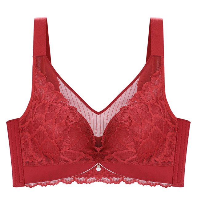LOVZFMLL Bras for Women Fashion Women Solid Color Steel Rings Lace Pad Gathering Daily Bra Red 2XL