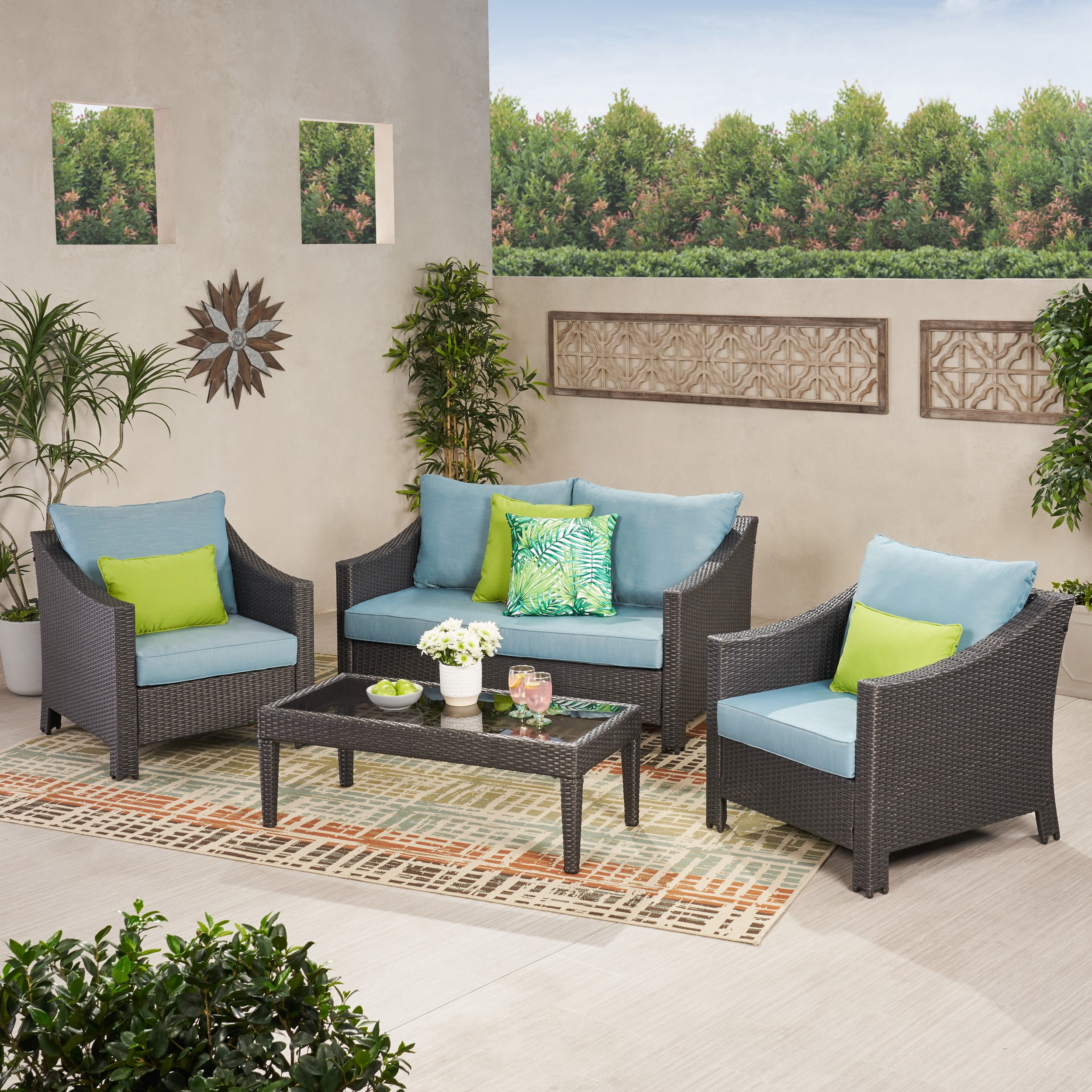 Gregory Outdoor 4 Piece Wicker Chat Set With Cushions Grey Teal