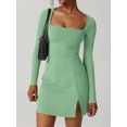 thumbnail image 3 of FEORJGP Women Sexy Slim Mini Dress Spring Summer Short Dress Long Sleeve Short Evening Dress Square Neck Dating Dress Solid Color Split Hem Party Dress for Holiday Daily Party, 3 of 7
