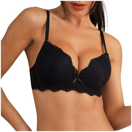 Yyeselk Push Up Bras for Women Lace Plunge Bra Underwire Bra Comfort Seamless Bra Breathable Everyday Bra Black 26