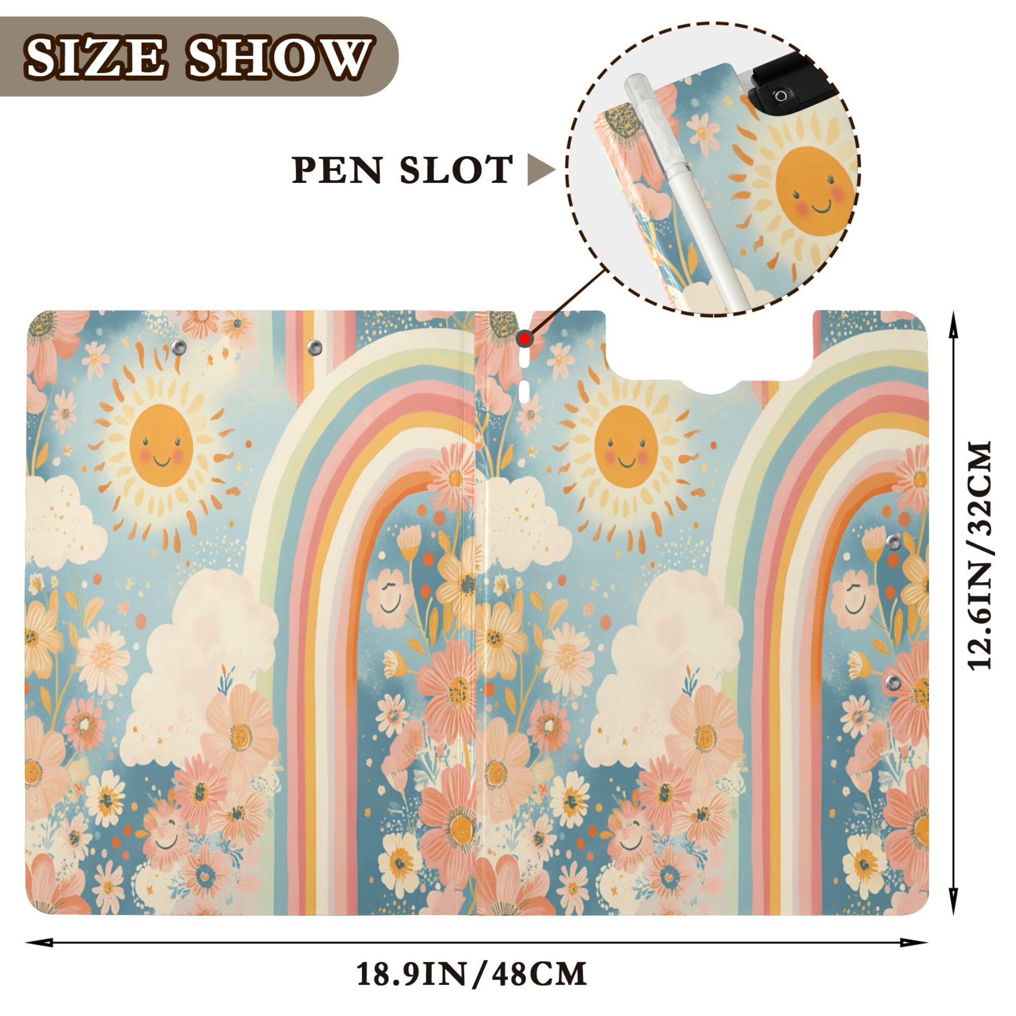 FORMRS A4 Clipboard Folder with Pen Holder Horizontal Foldable School Office Binder, Beige Rainbow Clouds