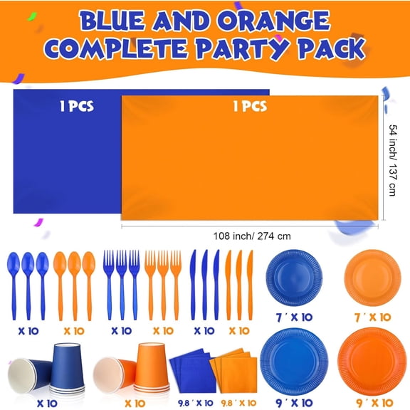 YUYAN-142 Pieces Orange Blue Birthday Paper Plates and Napkins Cups Forks Knives Spoons Disposable Tablecloth Complete Tableware Pack for Birthday Party Supplies