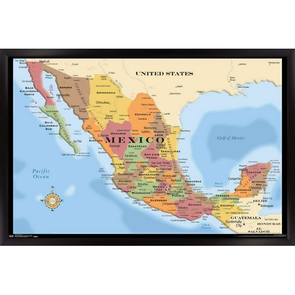 Map - Mexico Wall Poster, 14.725" x 22.375", Framed