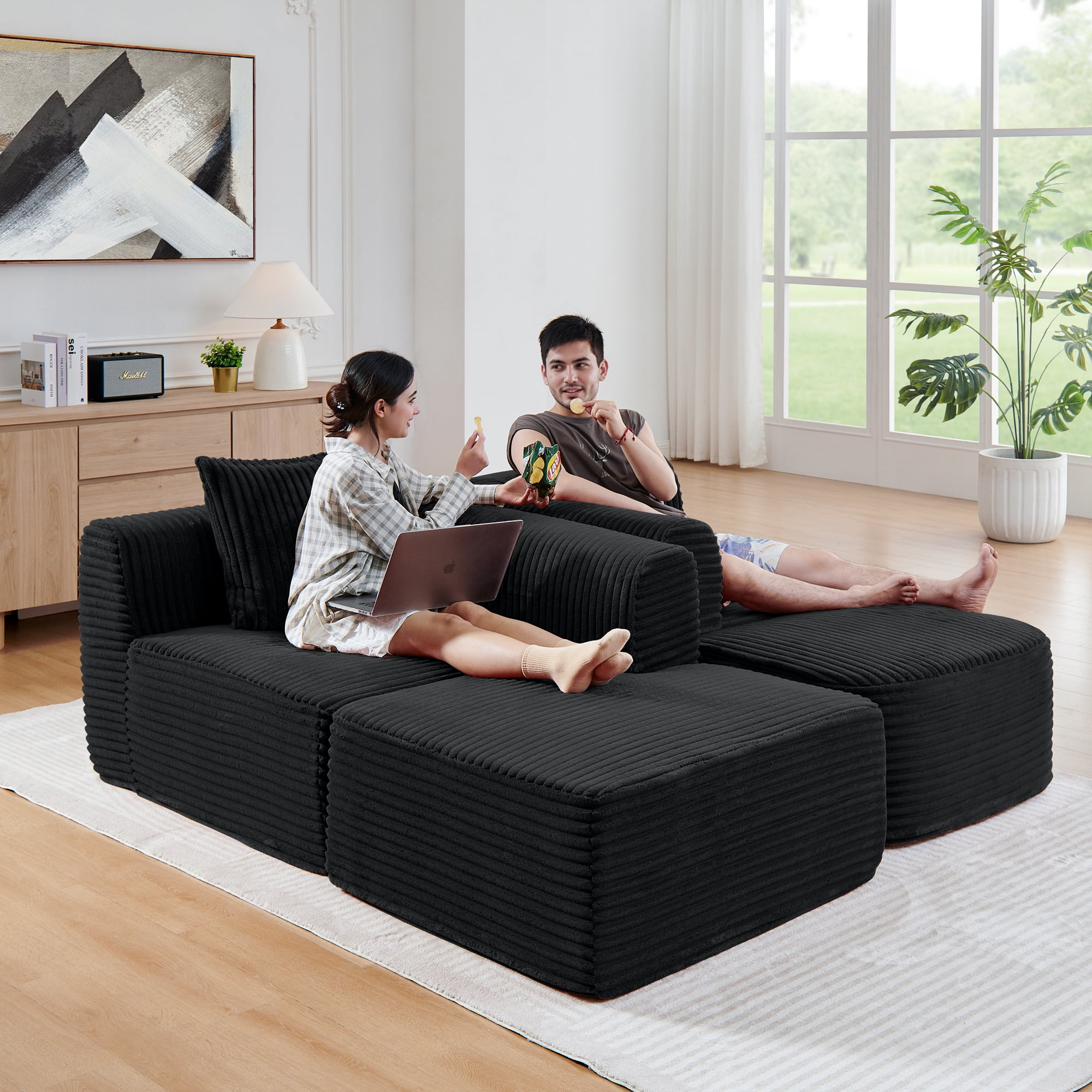 114" Cloud Sectional Sofa with L-Shape Chaise Lounge, Modular Design Includes a Movable Ottoman, Plush Corduroy Fabric, Arrives Fully Assembled for Instant Comfort, Black