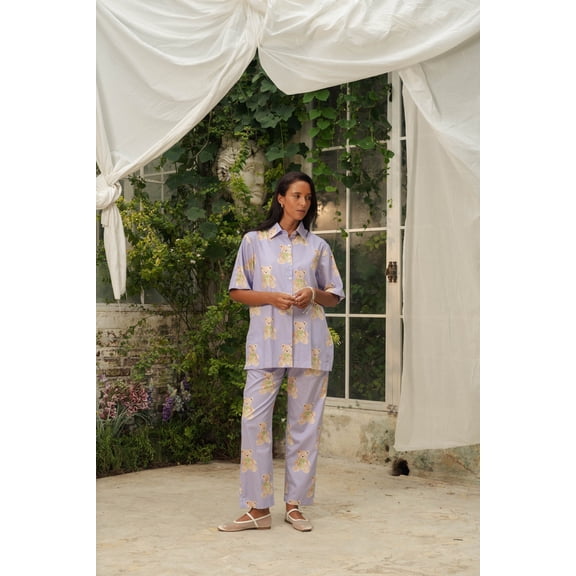 Women's Cotton Oversized Pyjama Set Cute Bear Print Sleepwear Soft Comfy 2 Piece PJs Set