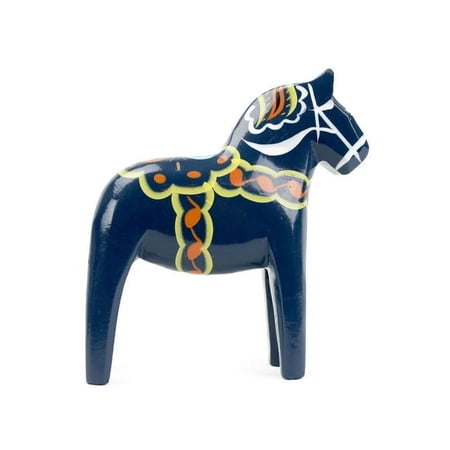 Swedish Themed Wood Blue 4" Dala Horse with Artwork Decal & Hand Painted Accents