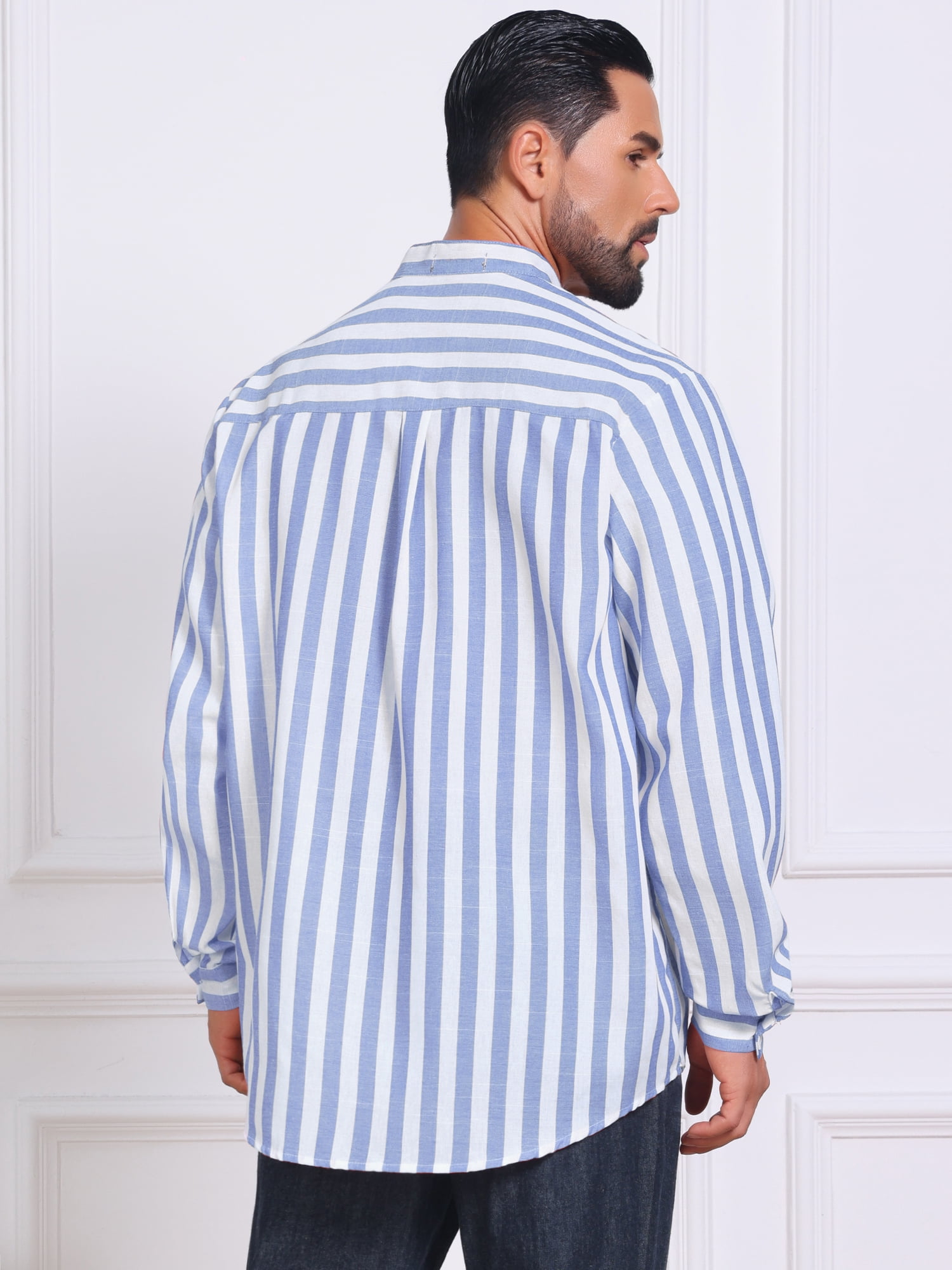 DARING DIVA Men's Striped Stand Collar Long Sleeve Button Down Shirt L Light Blue