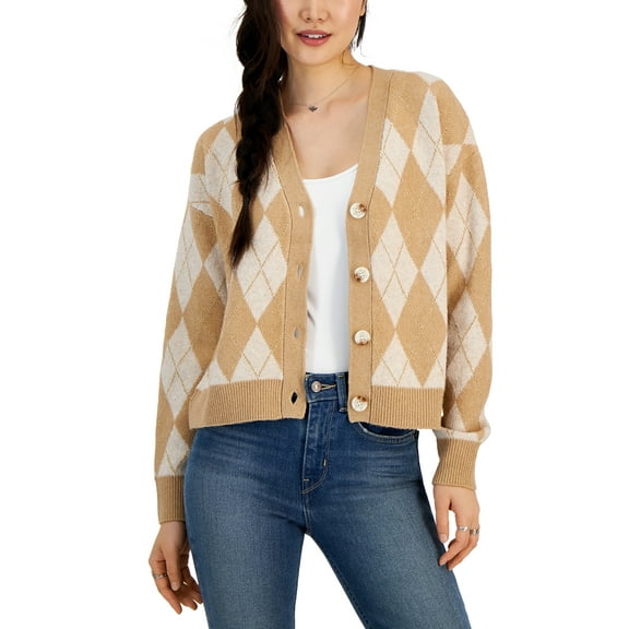 Juniors' Metallic Argyle V-Neck Cardigan Khaki/Oatmeal XS