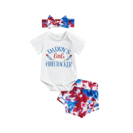 

jaweiwi Independence Day Infant Clothes for Girls 0 3M 6M 12M 18M Letter Print Crew Neck Romper Red White Blue Tie-Dye Print Shorts Headband 3Pcs Outfits Sets for 4th of July