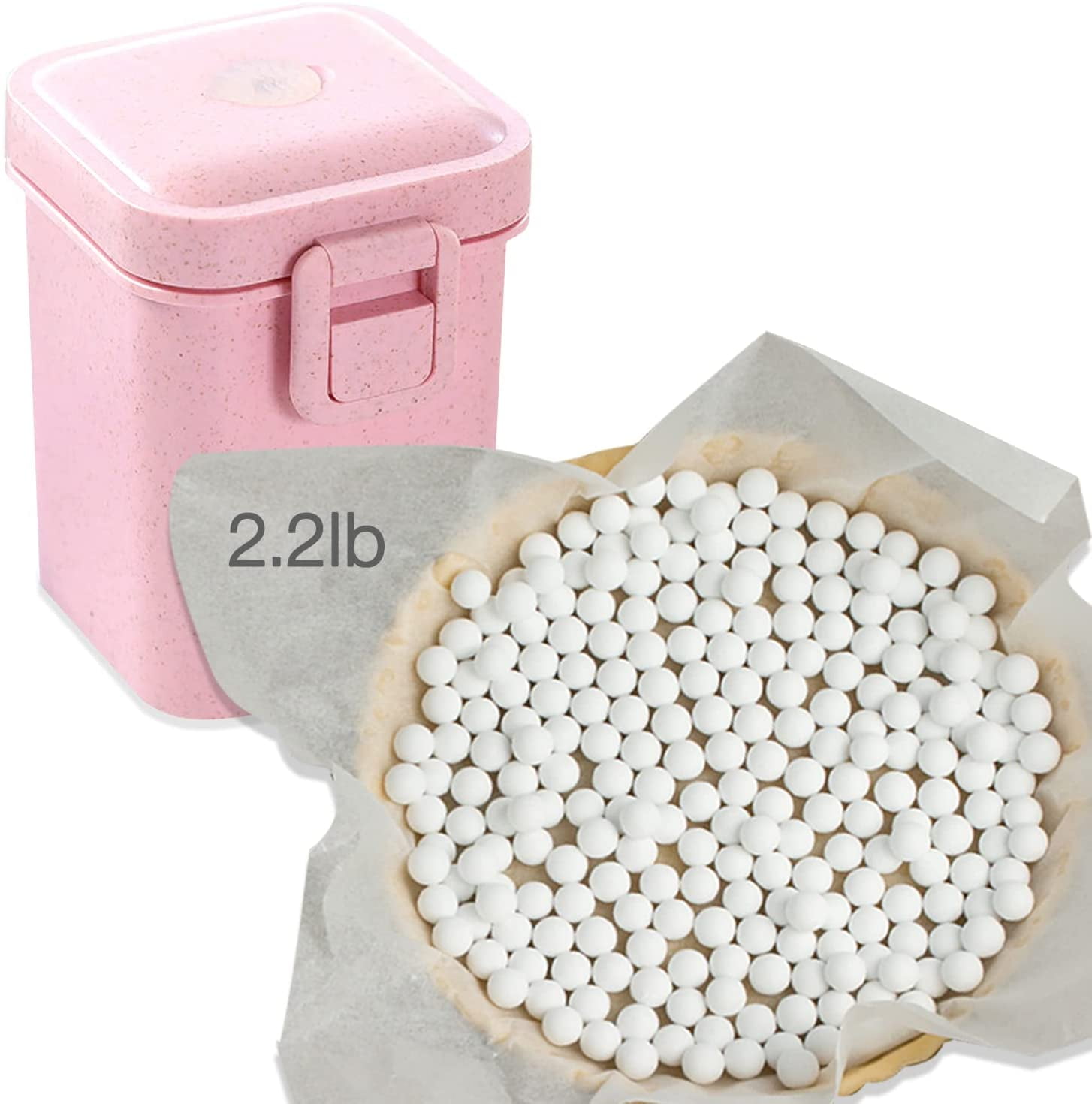 Pink 35 Oz Total 2.2Lb Ceramic Pie Weights Baking Beans Pie Crust Reusable 10mm Weights Natural Ceramic Stoneware with Wheat Straw Container 