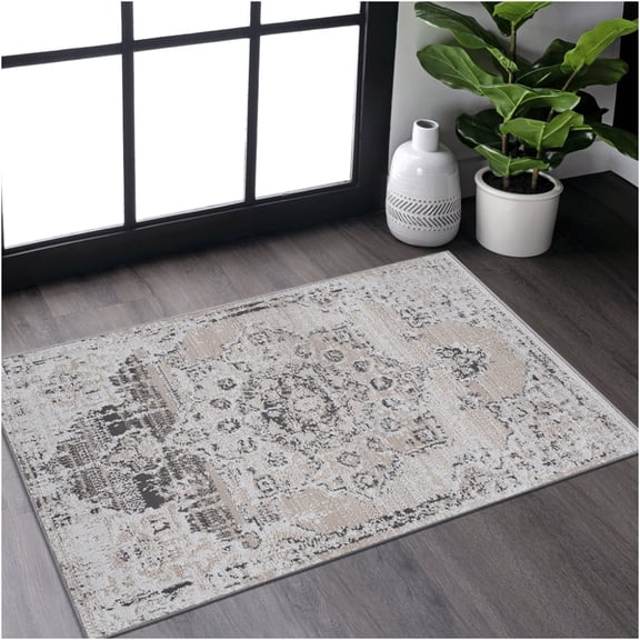 JERFIT Modern Medallion Area Rug 2x3 Feet, Cream Non-Shedding Stain Resistant Polyester Rug for Living Room Bedroom Dining Office
