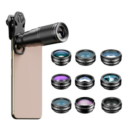 APEXEL 10-in-1 Phone Lens Kit with 22X Telephoto Lens 198° Fisheye Lens Kaleidoscope Lens 0.63X Wide Angle Lens 15X Macro Lens Various Filter Lens Universal Clip Storage Box Replacement for