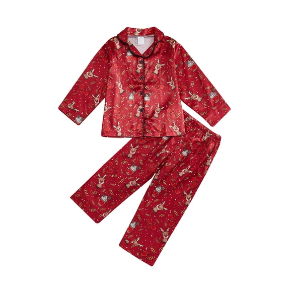 Cjfdfy Toddler Baby Girl Boy Christmas Silk Stain Pajamas Set Kids Girls PJS Set Sleepwear Fall Winter Clothes Santa Elf Bow Print Long Sleeve Button Down Shirt with Long Pants Set Loungewear 1-7Y