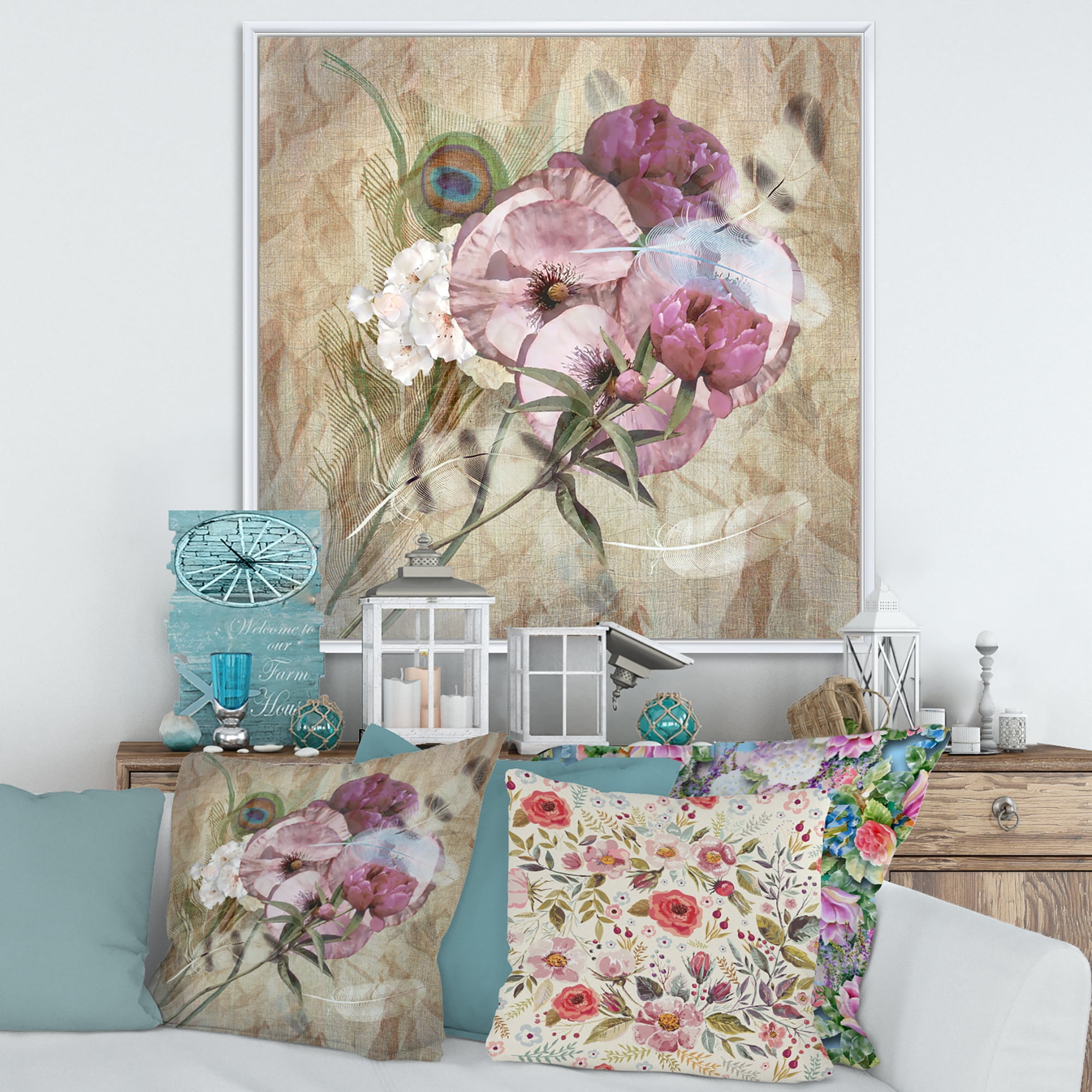 Designart 'Iris Bouquet Floral Design With Peacock Feather' Traditional Framed Canvas Wall Art Print