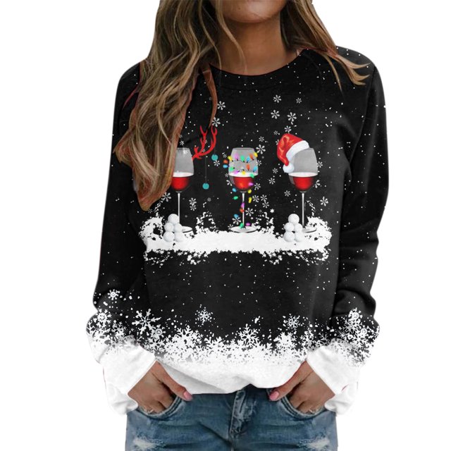 Gibobby Sudadera navideña mujer Sudadera con estampado navideño para mujer, Top de cristal de nieve, sudadera de manga larga, de temperamento(Negro,M)