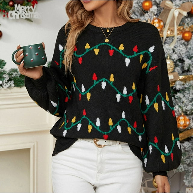 Suéter de cuello redondo para mujer, suéter navideño de manga larga con cuello redondo y estampado para mujer