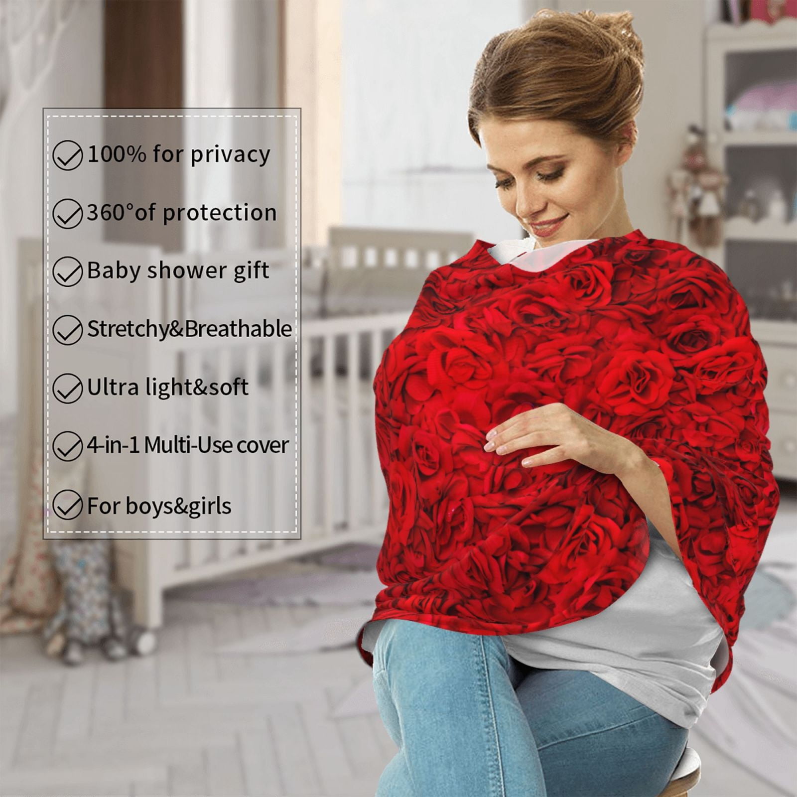 Fotbe Red Rose Pattern Car Seat Covers for Babies, Nursing Breastfeeding Cover Infant Carseat Canopy, Soft Stretchy Carrier Cover