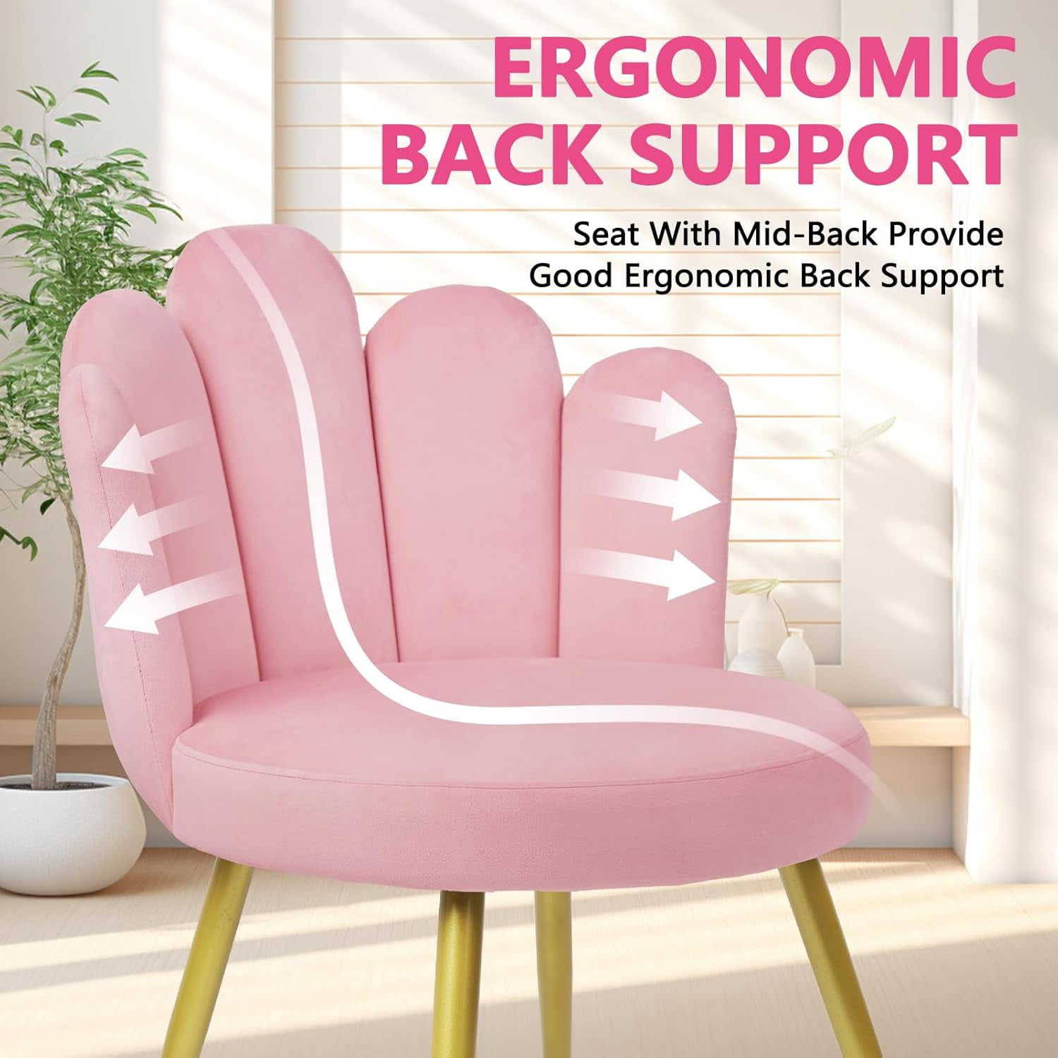 CLATINA Velvet Vanity Chair, Mid Century Modern Upholstered Chair with Back Support, Cute Living Room Chair with Gold Legs, Comfy Makeup Chairs for Bedroom Dressing Study No Wheels,Pink