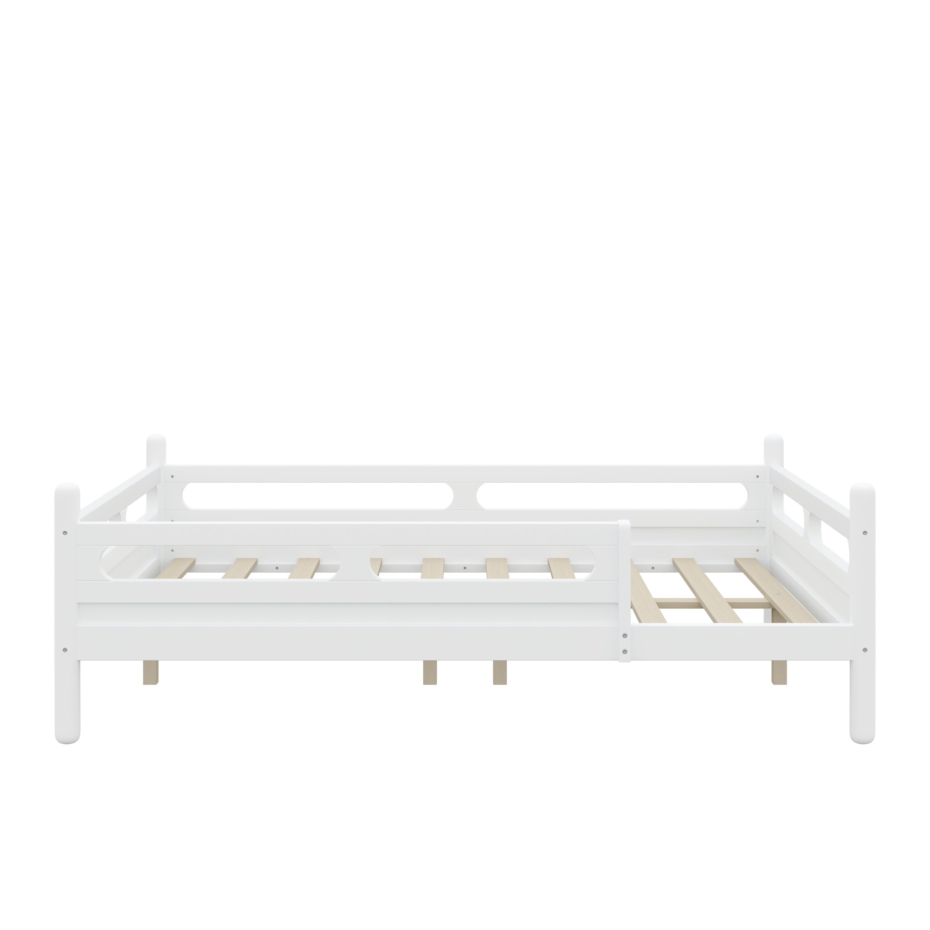 Euroco Wood Full Size Platform Bed, Low Profile Bed with Guardrails and Slats Support, White