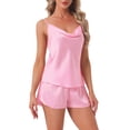 thumbnail image 4 of INSPIRE CHIC Women's Pajama Sets Satin Curved Crisscross Back Cami Spaghetti Strap Cowl Neck Silky Split Shorts Set L Pink, 4 of 6