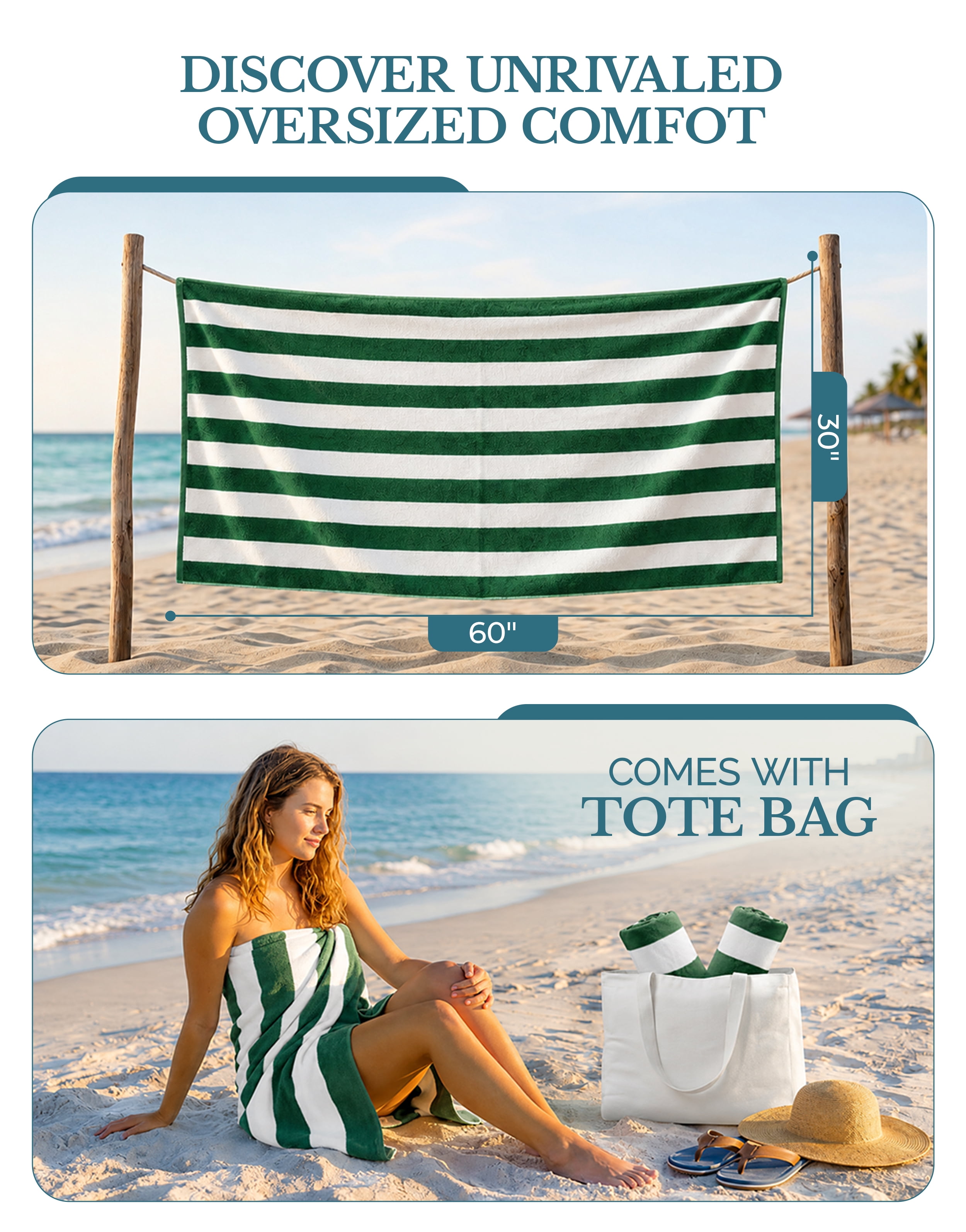 Casa Platino 100% Cotton Pool Towels - 4 Pack Cabana Striped Bath Towel,Quick Dry Absorbent Towels for Swimming Lessons, Pools and Lake Adventures - Green