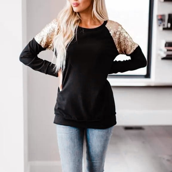 Aueoeo Womens Casual Sequins Shirt Crewneck Long Sleeve Tops Loose Tunics Pullover Blouse