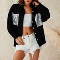 thumbnail image 2 of KOMOO Women Sequin Denim Jacket with Pockets Long Sleeve Lapel Loose Button Shirt Blouse Tassels Denim Coat Jackets, 2 of 9