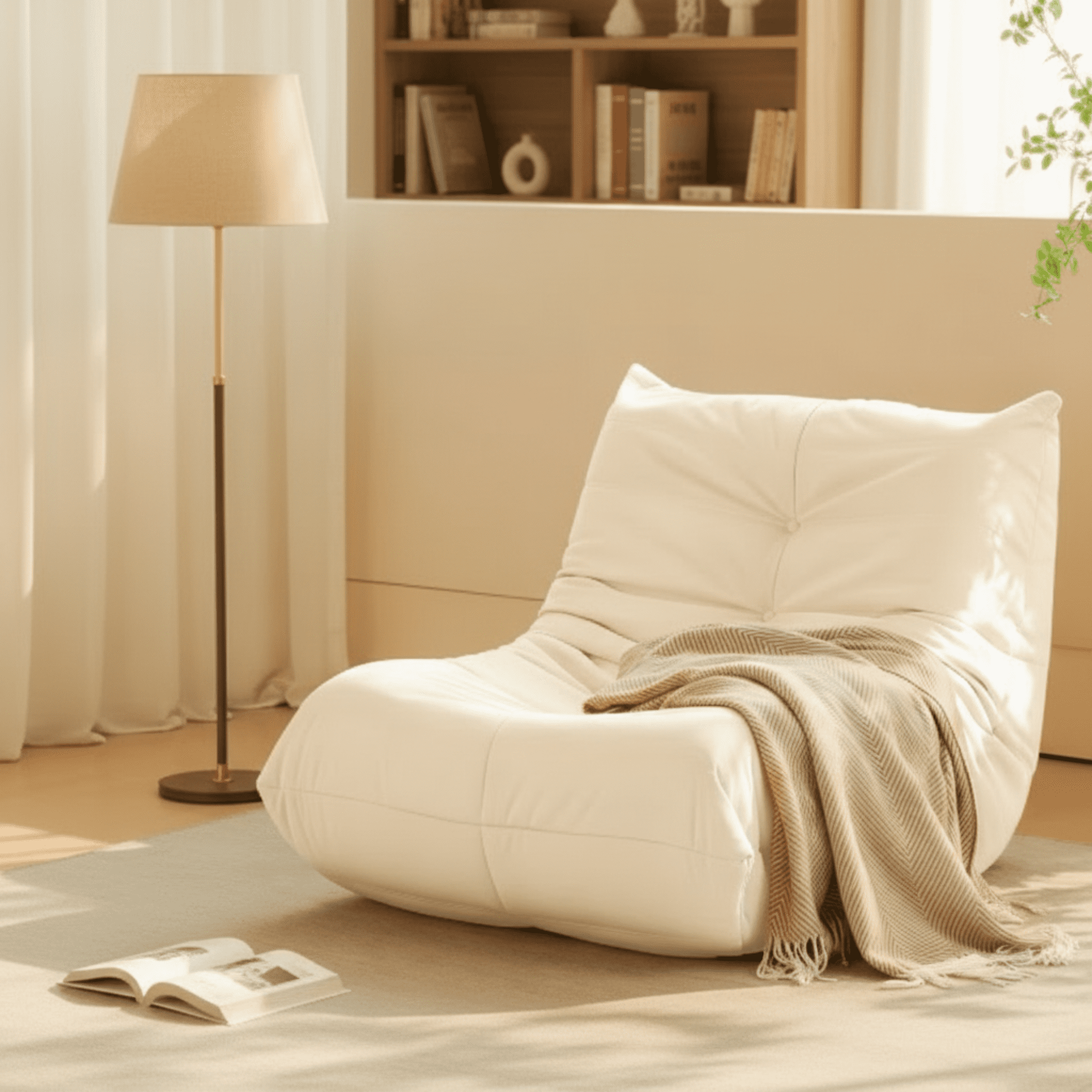 Modern Lounge Chair for Indoor,Button Tufted Corduroy Upholstered Recliner,Deck Chair for Bedroom Living Room,White
