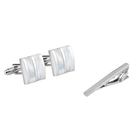 Platinum White Cufflinks Men's Silver White Jade Camber Cufflinks + Plain Silver Sparse Slash Brushed Tie Clip ()