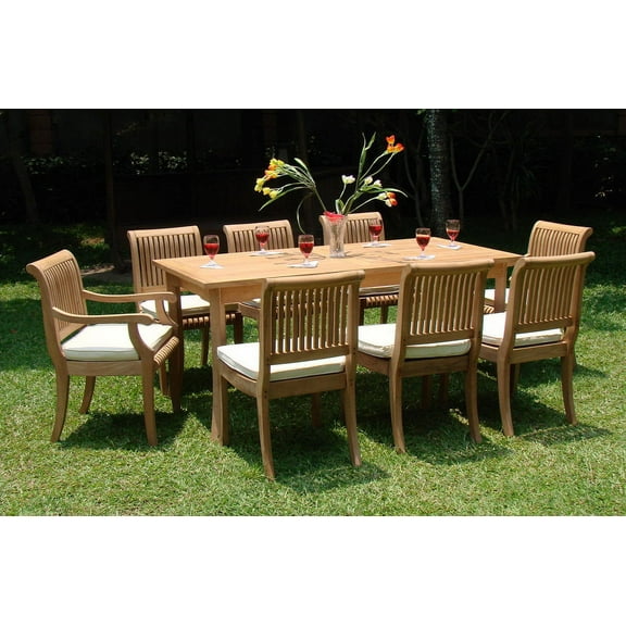 Teak Dining Set:8 Seater 9 Pc - 94" Mas Trestle Leg Double Extension Rectangle Table and 8 Giva Chairs (6 Armless & 2 Arm / Captain) Outdoor Patio Grade-A Teak Wood WholesaleTeak #WMDSGVm