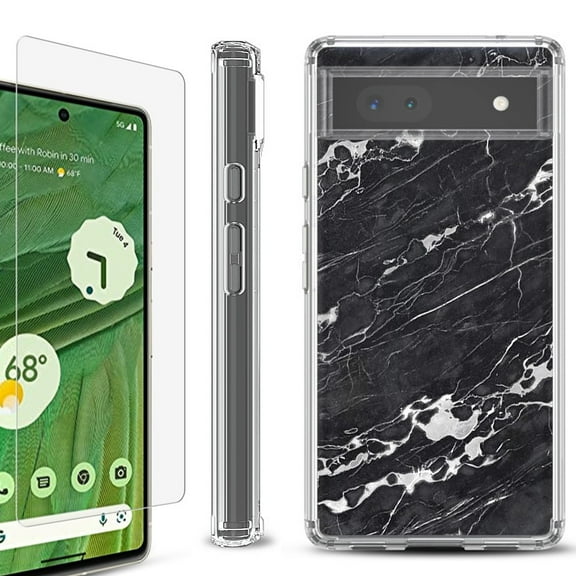 Shockproof Bumper Phone Case for Google Pixel 6a, with Tempered Glass Screen Protector, by OneToughShield ® - Marble B/W
