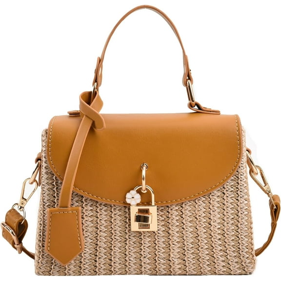 Women's Straw Top Handle Satchel Bag PU Leather Retro Shoulder Bag Flap Casual Crossbody Fashion Handbag and Purse