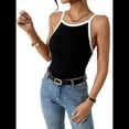 thumbnail image 3 of Camisetas Sin Mangas con Cuello Cuadrado para Mujer, Top Corto Acanalado Sin Mangas, Camisetas Básicas con Bloques de Color. Negro M, 3 of 10