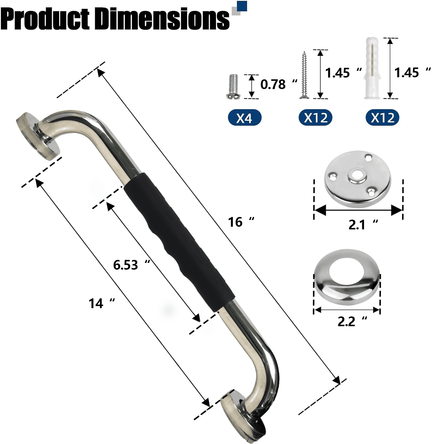 GYTF 2 Pack Grab Bars for Bathroom,16 inch Anti Slip Bathroom Handicap Grab Bars with Rubber Grip,Safety Bath & Toilet Rail for Senior,Pregnant Wife and Children,Safety Shower Grab Bars