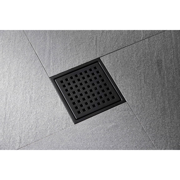 6 Inch Square Shower Drain - Removable Square Patterned Grate 304 Stainless Steel with Flange & Hair Strainer Matte Black