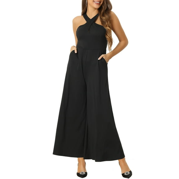 INSPIRE CHIC Cross Neck Jumpsuits for Women's Wide Leg Sleeveless Full Length Romper XS Black