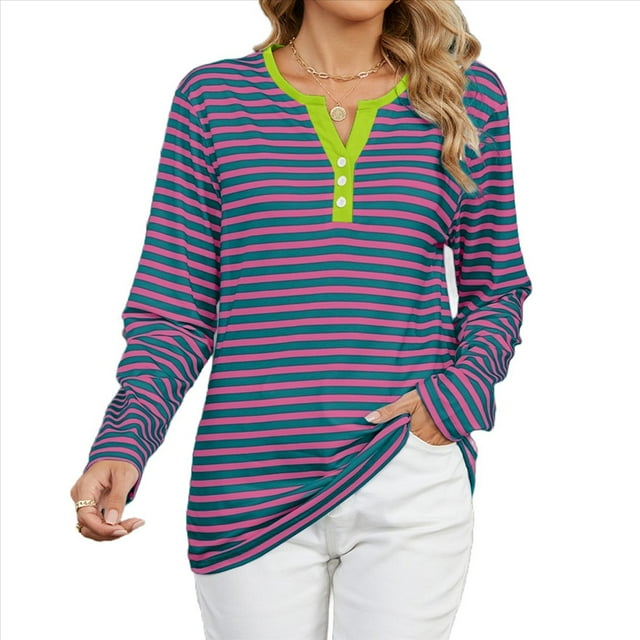 Camisetas de Larga A Rayas para Mujer, Informales, con Cuello en V, Bloques de Color, Corte Holgado, Básicas. Tiras de Color Verde Rosa XXL