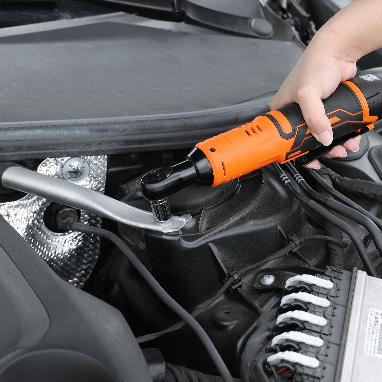 Cordless Electric Ratchet Wrench, 3/8 Inch, 33 ft-lbs Torque, 240 RPM, 2 x 2000mAh Batteries, with Sockets, Adapter & Extension Bar, for Automotive & Mechanical Work