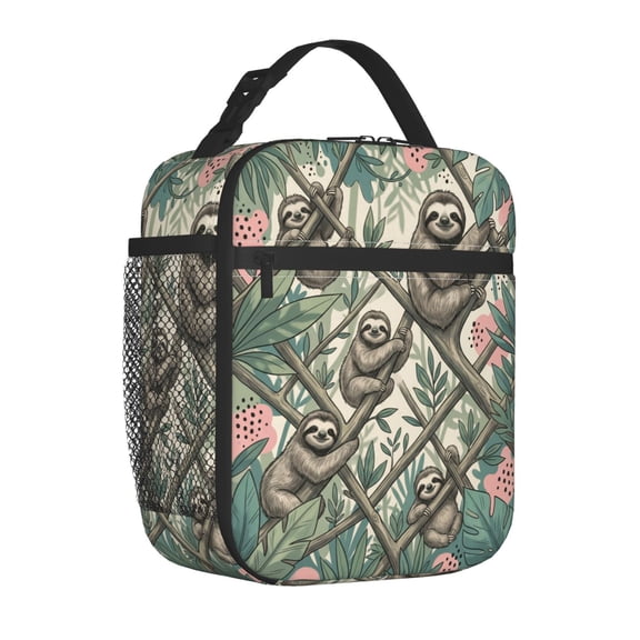 Sloth Lunch Bag Insulated Reusable Cooler Tote Portable Meal Prep Bag Side Mesh Pocket Work Office Picnic Travel