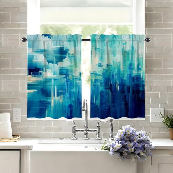 Turquoise Blue Abstract Painting Kitchen Window Curtains Over Sink Teal Small Window Treatment Short Curtains for Bathroom Tier Drapes Kitchen Decor Decoration with Rod Pocket 27.5" W x 36" L