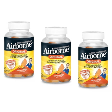 (3 Pack) Airborne Zesty Orange Flavored Gummies, 42 count - 750mg of Vitamin C and Minerals & Herbs Immune Support (Packaging May Vary)