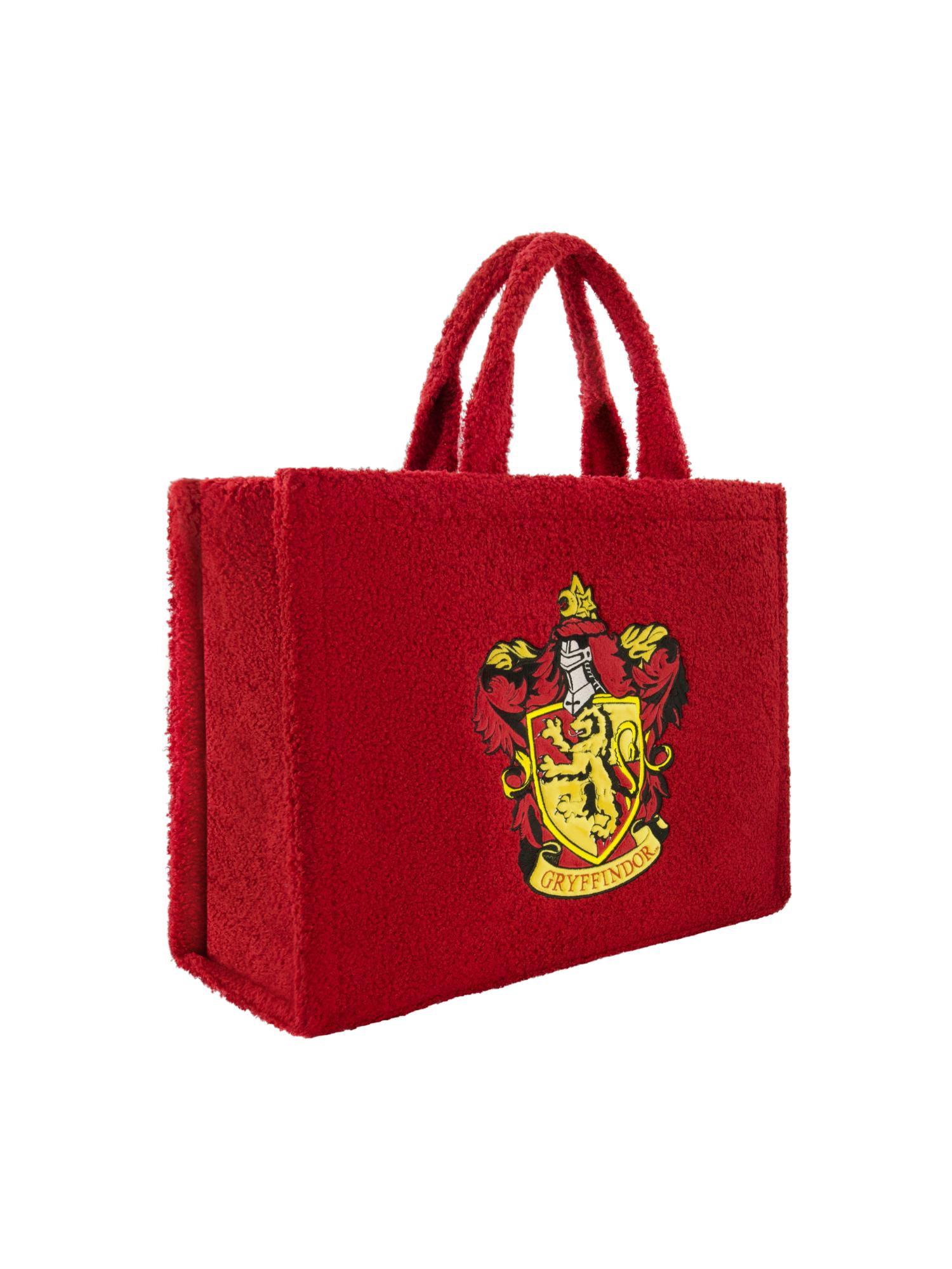 Harry Potter Tote Bag, Gryffindor Crest Faux Fur Travel Handbag with Adjustable Shoulder Strap and Trolley Sleeve, Red