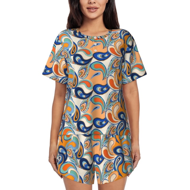 Fotbe Fashionable Paisley Conjunto de Pijama Estampado para Mujer, 2 Piezas, Ropa de Dormir con Camiseta de Manga Corta y Shorts Suaves-Large