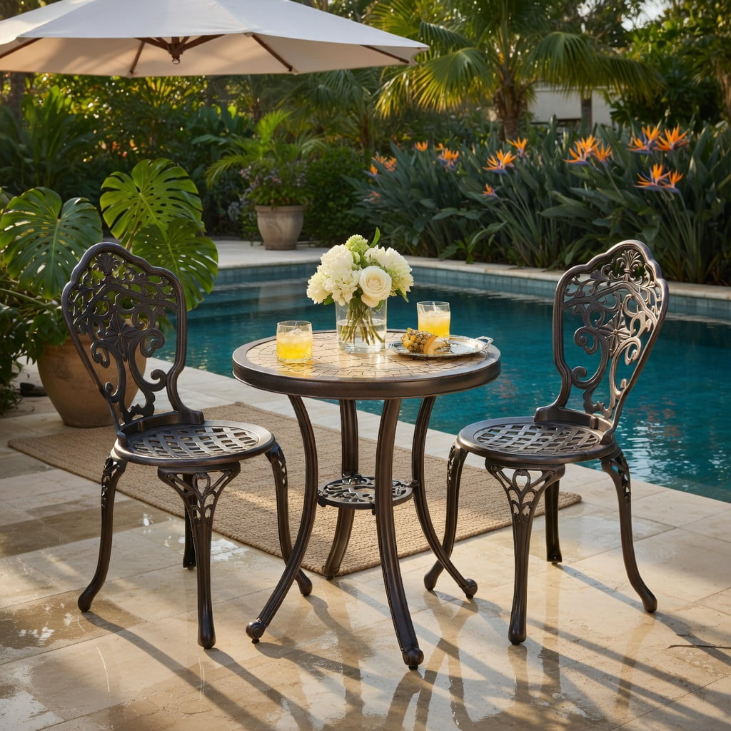 Hommoo 3-Piece All-Weather Cast Aluminum Patio Bistro Set in Copper Finish, Rust-Resistant Outdoor Table & Chairs for Porch, Backyard, Poolside, Brown