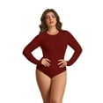 thumbnail image 2 of POSESHE Women's Plus Size Long Sleeve Bodysuit,Slim Fit Crew Neck Tops Cotton Bodysuit for Women,Wine Red,Size 3XL, 2 of 8