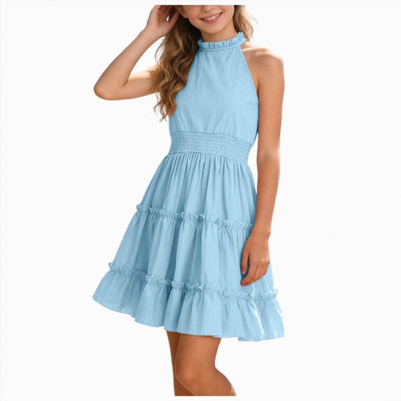 KPOPLK Girls Summer Dress Teen Ruched Ruffled Tween Skirt Summer Girls Flowy Swing Layered Beach Vacation Mini Cami Dresses 4-14Y(9-10 Years,Light Blue)