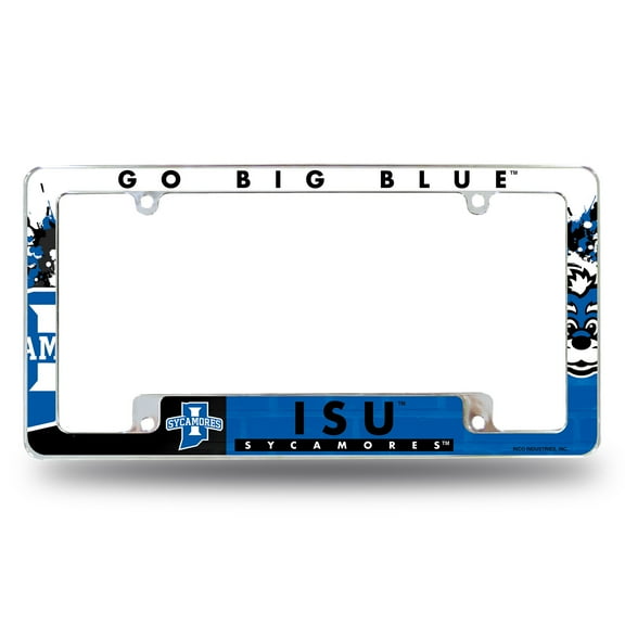 Indiana State University Sycamores Metal License Plate Frame Chrome Tag Cover, All Over Design, 6x12 Inch