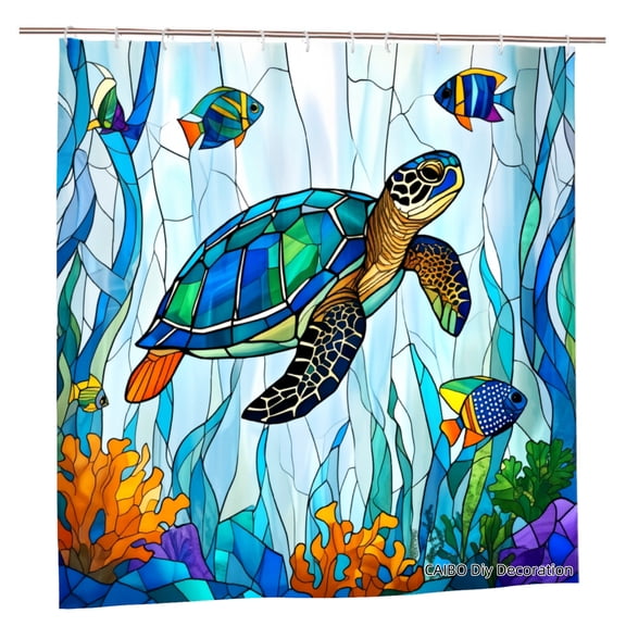 Joocen Stained Glass Sea Turtle And Fish Polyester Shower Curtain For Home Bathroom Bath Tub Decoration 72x72 inch