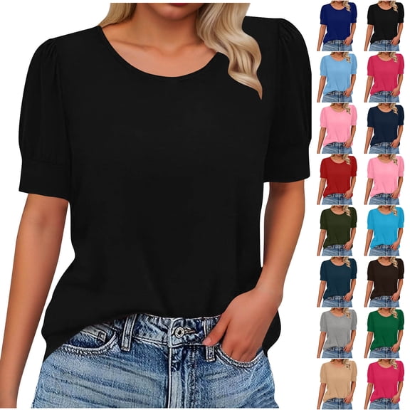 Otntypg Women's Puff Short Sleeve Tops Spring Summer Dressy Casual Blouses Trendy Business Work Tunic Tees Shirt Lightweight Cozy Vacation Outfit Clothes Hot Pink#01 XL